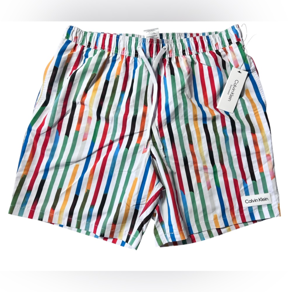 CALVIN KLEIN men’s Drawstring colorful striped pattern swim shorts trunks size L
